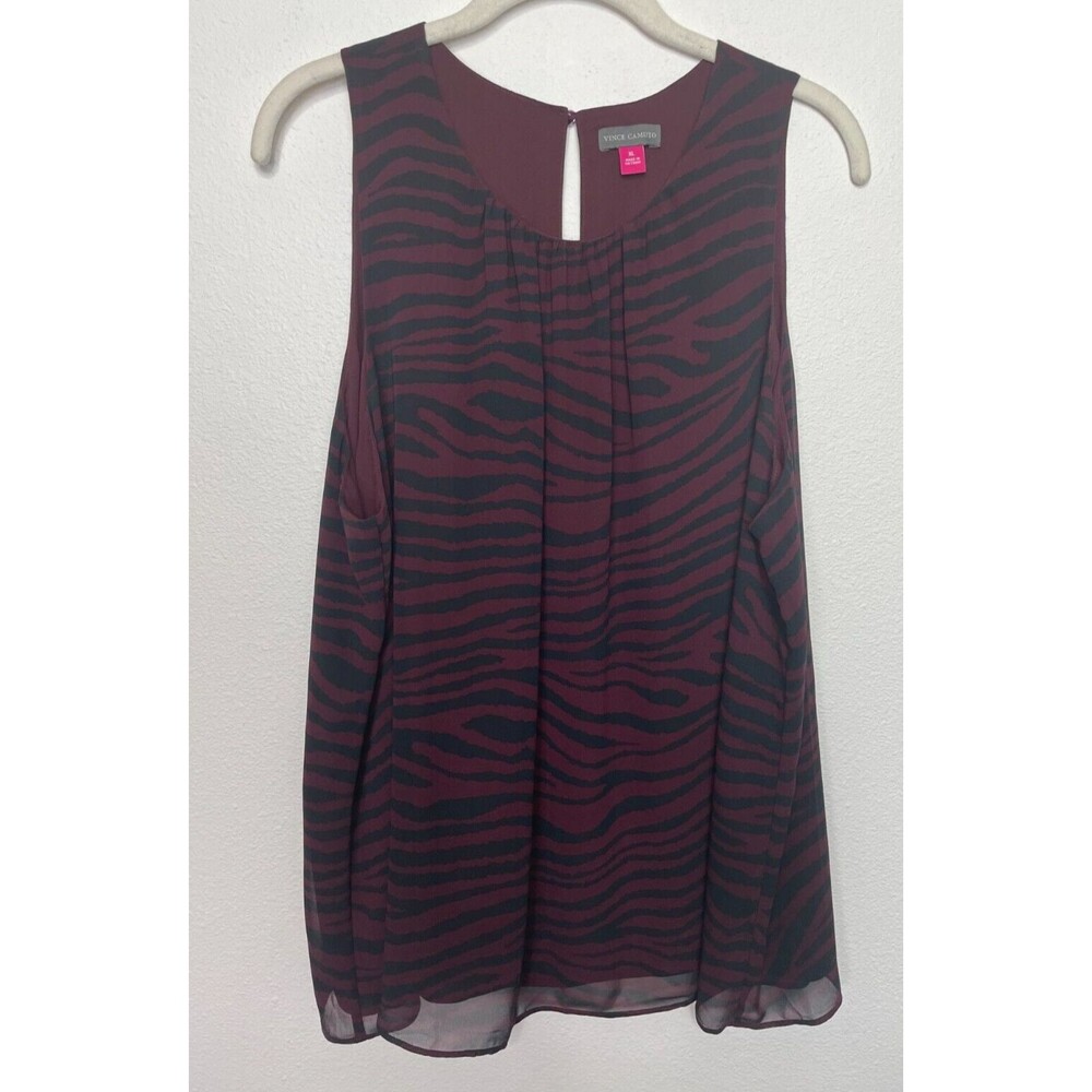 Vince Camuto XL Tranquil Animal Blouse Burgundy Sleeveless Keyhole Back Pleated